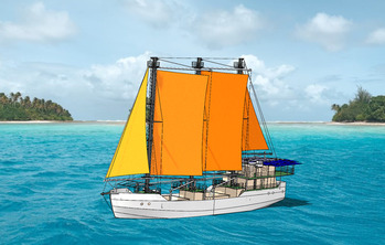 Skizze eines 50 Meter langen Segelfrachtschiffs, das auf dem Ozean fährt und für die Marshallinseln gebaut wurde. Copyright: GIZ