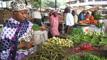 Eine Frau steht vor einem Tisch, auf dem verschiedene Gemüsesorten liegen. Im Hintergrund ist ein Markt mit verschiedenen Personen zu sehen. 