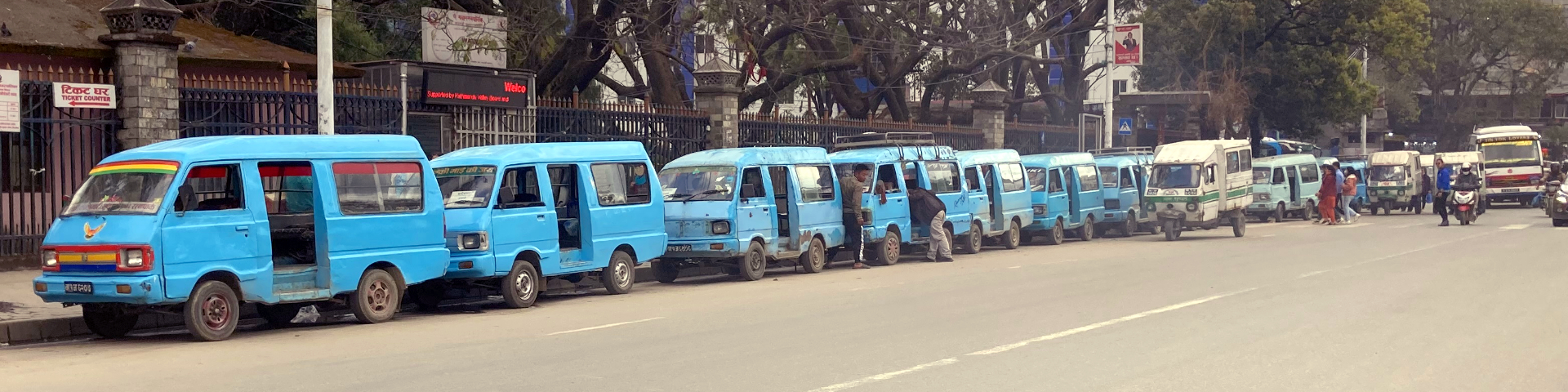 Blaue Kleinbusse stehen in einer Reihe an einer Straße.