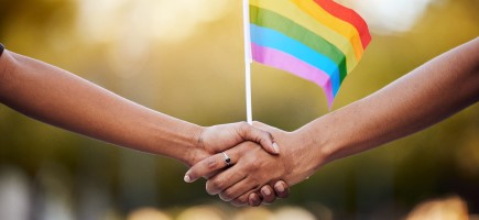 Zwei Personen halten sich die Hände sowie eine Regenbogenflagge. © iStock.com/Jacob Wackerhausen