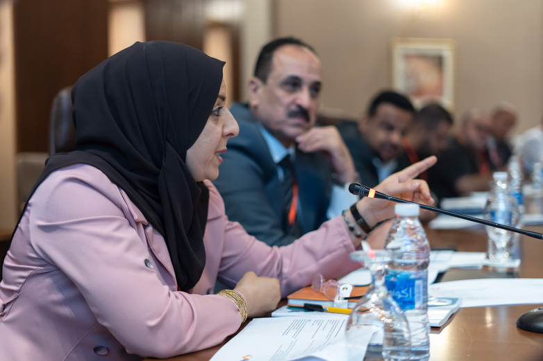 A woman in a headscarf speaks at a meeting.
