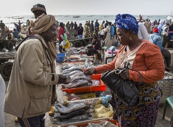 A woman buys fish at a fish market.