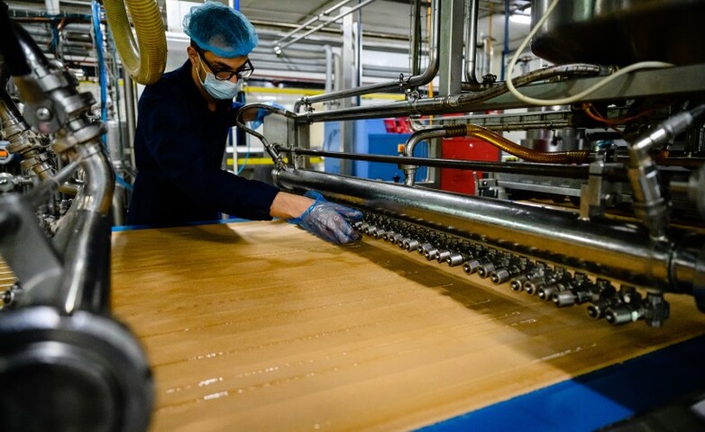 A worker in a factory operating a machine.