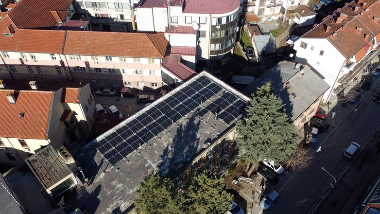 View from above of a building with solar panels