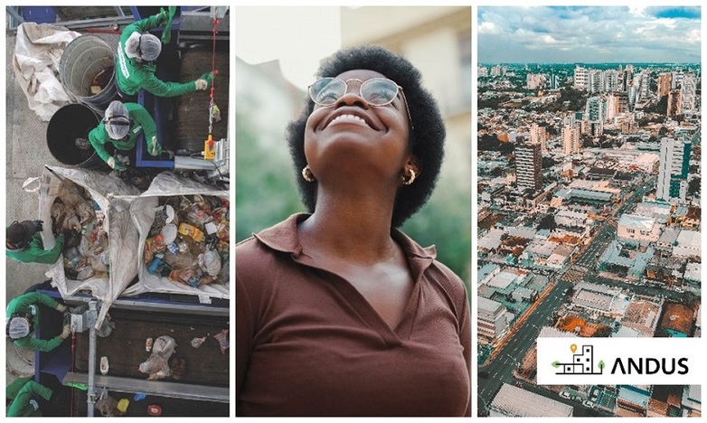 An image split into three section. Section one shows waste collectors doing their work, the middle section shows a black lady happily gazing upwards, section three shows streets and buildings in a modern city photographed from birds eye perspective. 