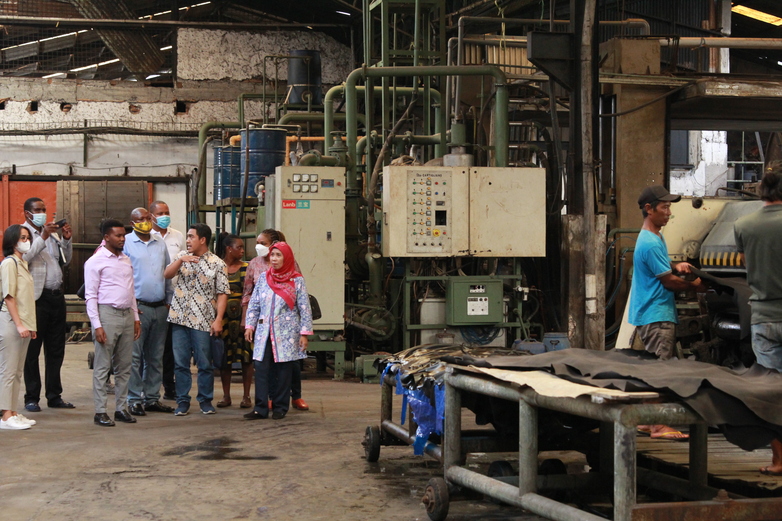 Several participants of South-South and Triangular Cooperation from Tanzania, Indonesia and Germany, walk through a factory..
