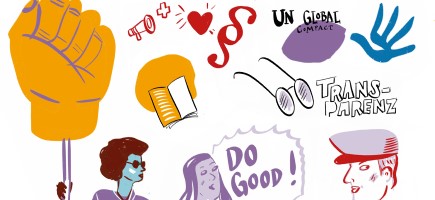 Various colourful drawings, including a fist, a paragraph sign, a book and a pair of glasses.