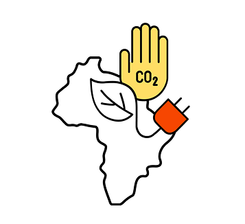 Graphic: Outline of Africa with a green electricity plug and a hand with CO2 written on it.