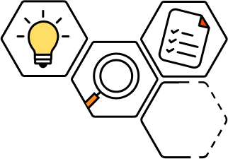 Graphic: Several hexagons showing a light bulb, a magnifying glass and a sheet of paper.