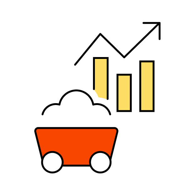 Pictogramm eines Rollwagens. Im Hintergrund befindet sich ein Balkendiagramm mit drei Säulen und einem aufsteigenden Pfeil darüber.  