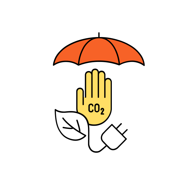 Graphic: A hand with CO2 written on it, with a green electricity plug under an umbrella.