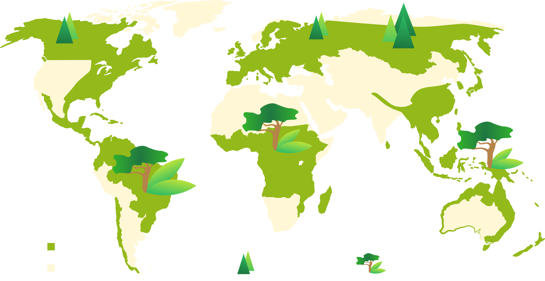 Grafische Darstellung einer Weltkarte. Teile der Karte sind grün eingefärbt und enthalten kleine Illustrationen von verschiedenen Bäumen, die für die unterschiedlichen Waldarten der bewaldeten Regionen stehen. 
