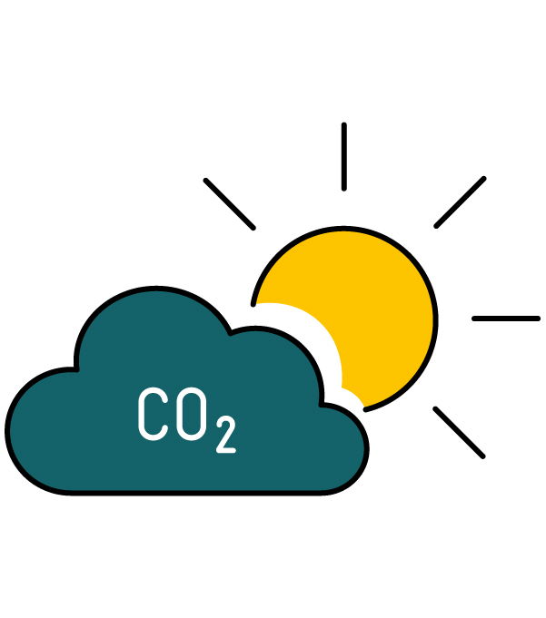 Grafik: Petrolfarbene Wolke, die CO2-Emissionen symbolisiert, vor gelber Sonne
