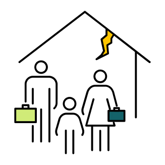 Ein Haus mit 3 Menschen im Vordergrund. Die Personen links und rechts tragen einen Koffer in der Hand.