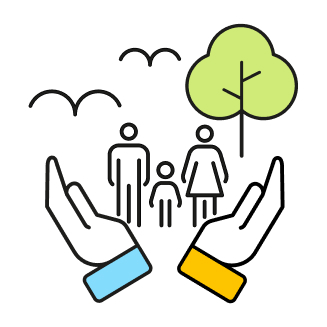 Zwei Hände öffnen sich und zeigen eine dreiköpfige Familie, einen Baum und zwei Vögel.