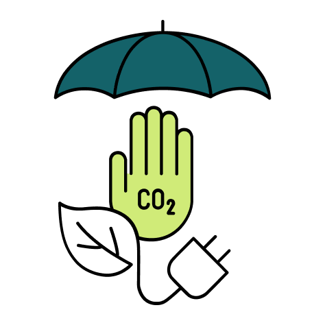 Grafik: Eine Hand, auf der CO2 steht, mit Ökostrom-Stecker unter einem Regenschirm.
