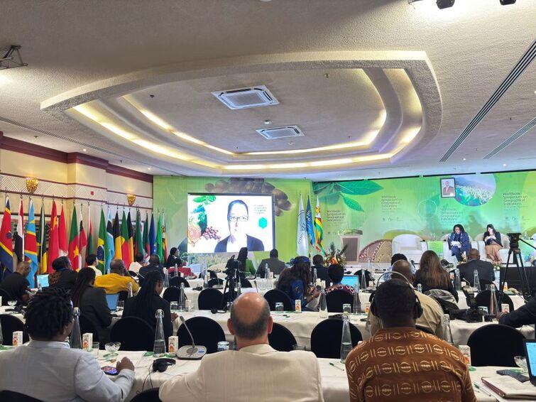 People sitting at tables listening to a woman giving a speech