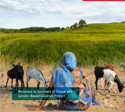 Eine Frau sitzt auf steinigem Bode und schaut auf eine hügelige Grasfläche. Um sie herum befinden sich Ziegen.