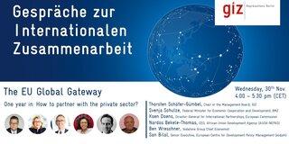 Blau weißer Hintergrund mit der Beschriftung "Gespräche zur Internationalen Zusammenarbeit"