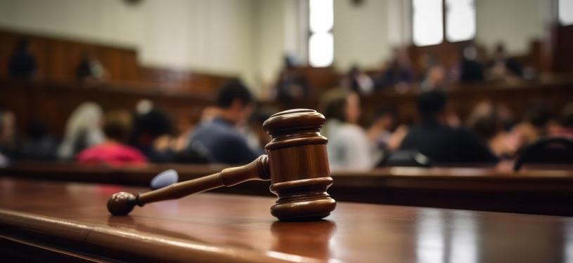 Ein Richterhammer liegt auf einer Gerichtsbank.