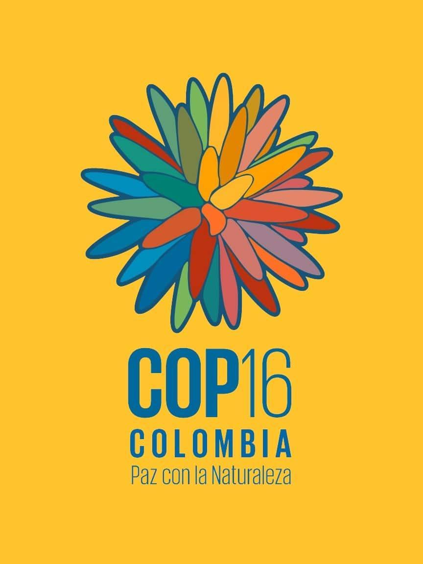 Logo of COP16 in Colombia featuring a colourful, stylised flower on a yellow background and the words “COP16 Colombia – Paz con la Naturaleza”.