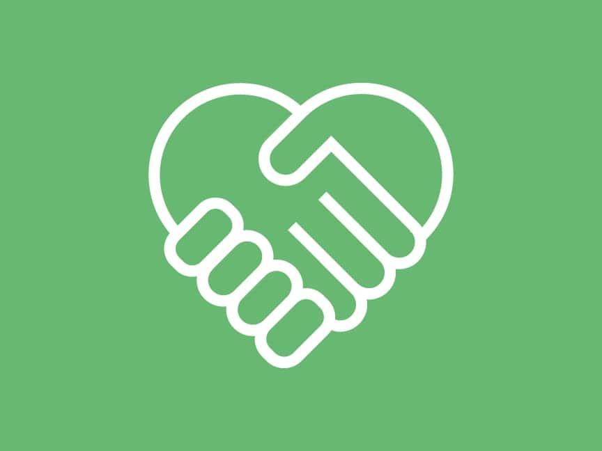 A green icon with a stylised white heart formed from two intertwined hands.