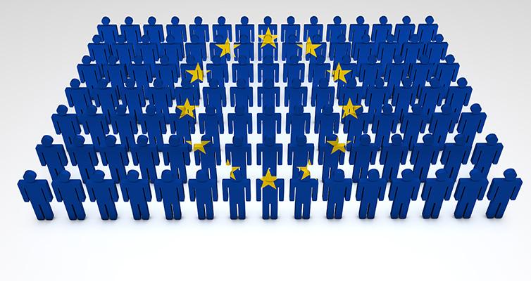 Viele Menschen-Symbole stehen aufgereiht in einem Rechteck. Es wird die Europäische Union Flagge dargestellt
