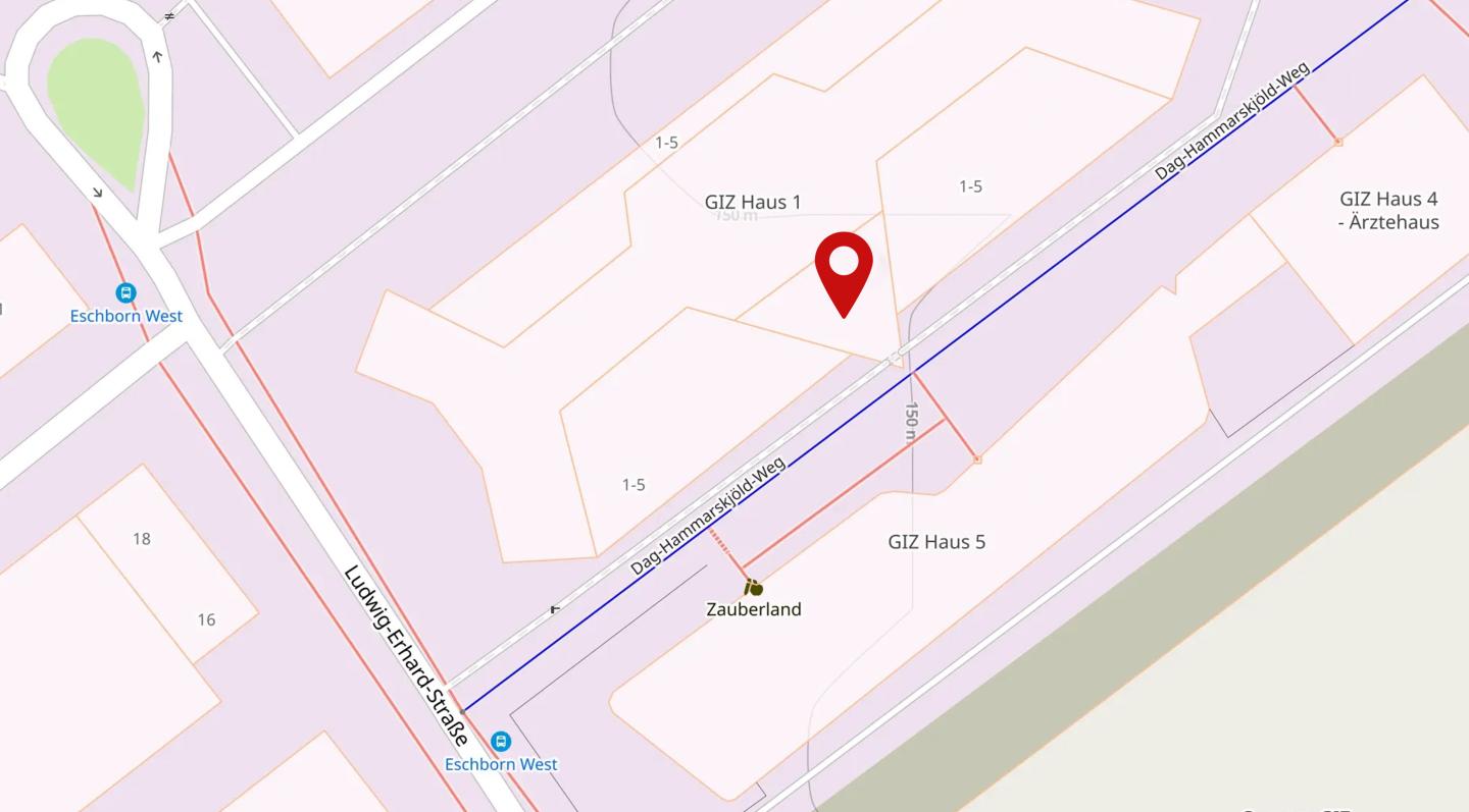 Kartenansicht von Eschborn, auf dem der Standort der GIZ markiert ist.