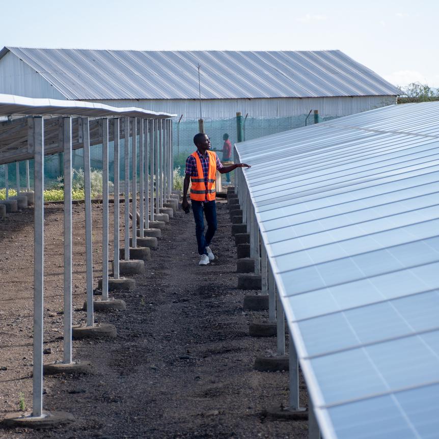 Man walks through a solar power plant