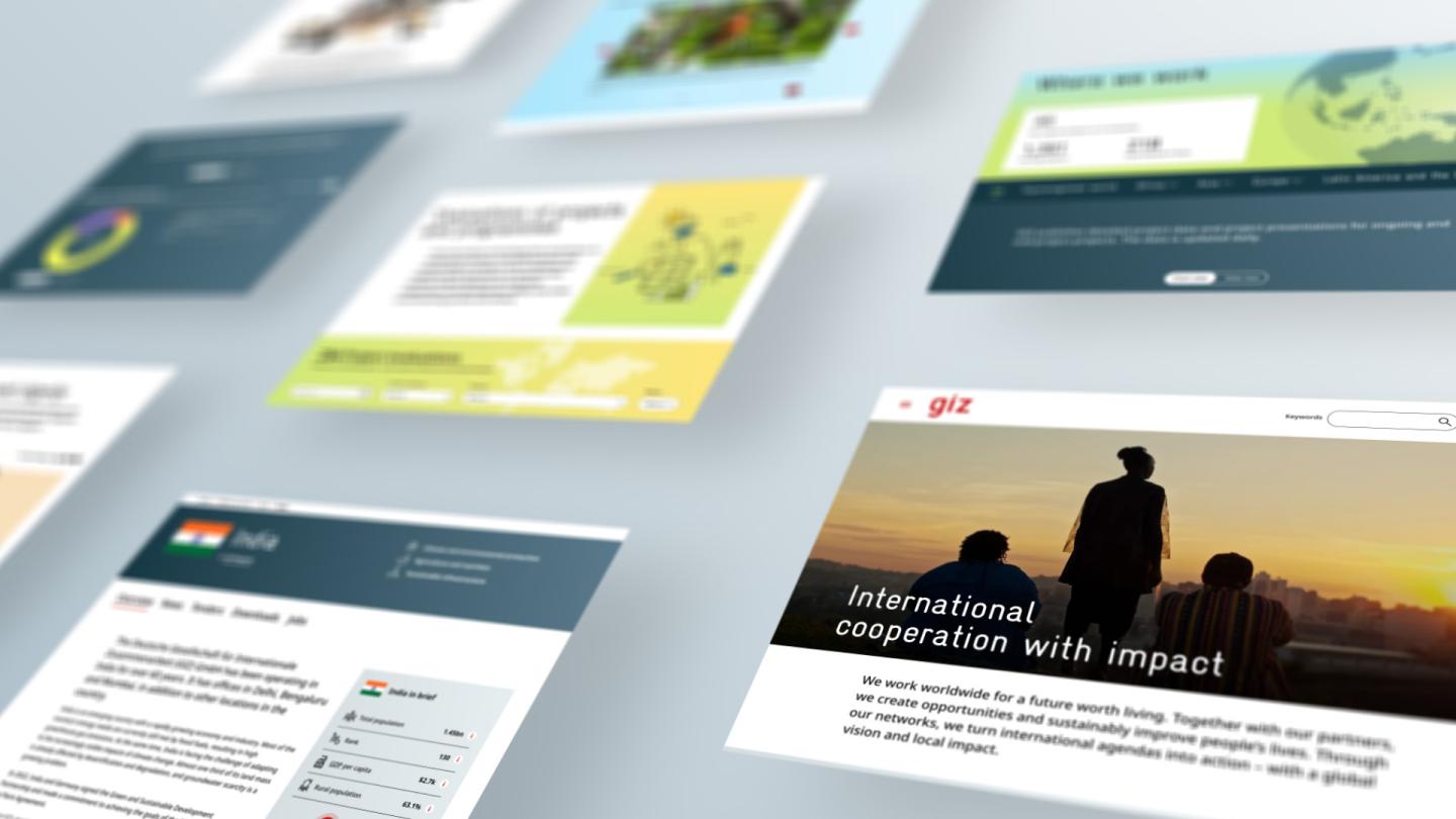 Several views of the new GIZ website, including the home page, country pages, and articles.