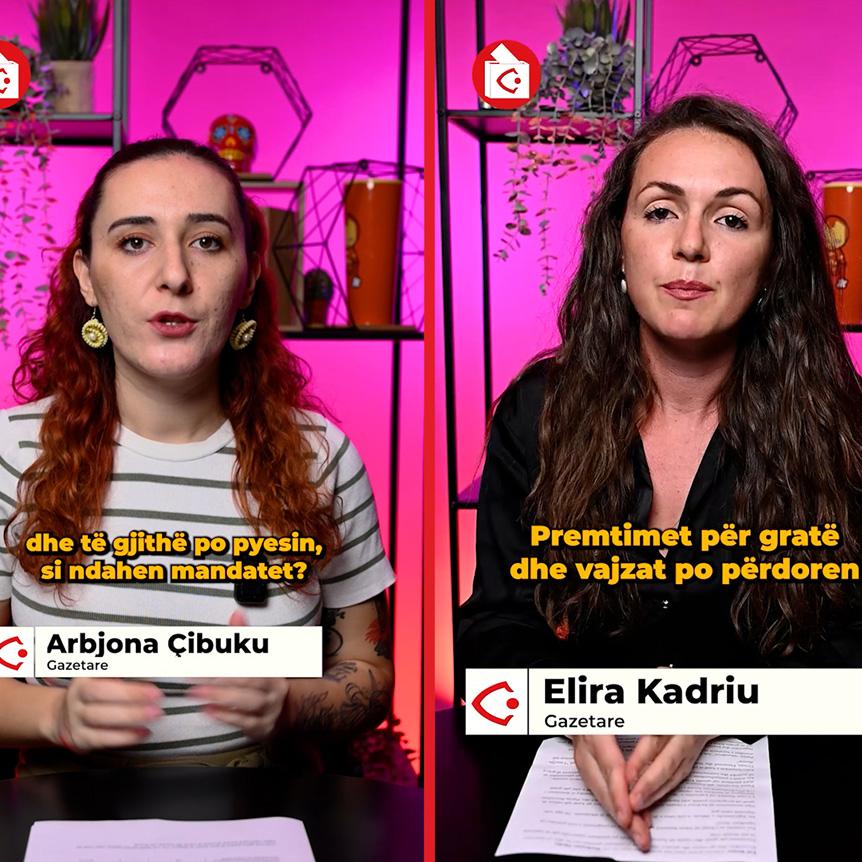 Two women sit in a pink-lit studio and speak directly into the camera.