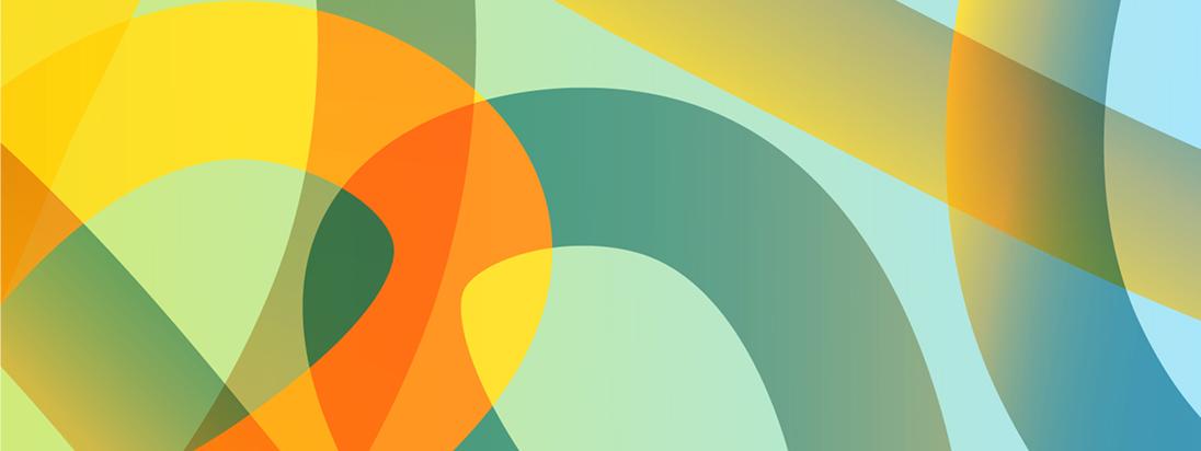 Abstrakte Grafik mit überlappenden gelben, orangen und grünen Formen, die dynamische Bewegung und Tiefe erzeugen