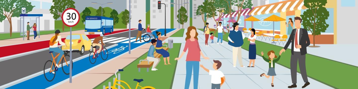 Eine Grafik zeigt Menschen in einer klima- und umweltfreundlichen Stadt.