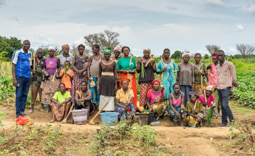 A group of people are standing in front of a field.