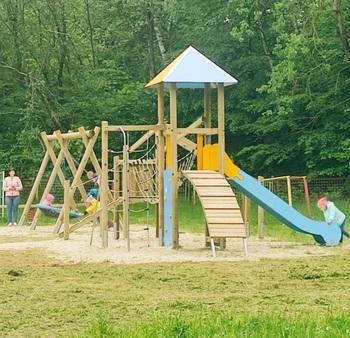 Children play at a playground in the Ukrainian city of Trostyanets.
