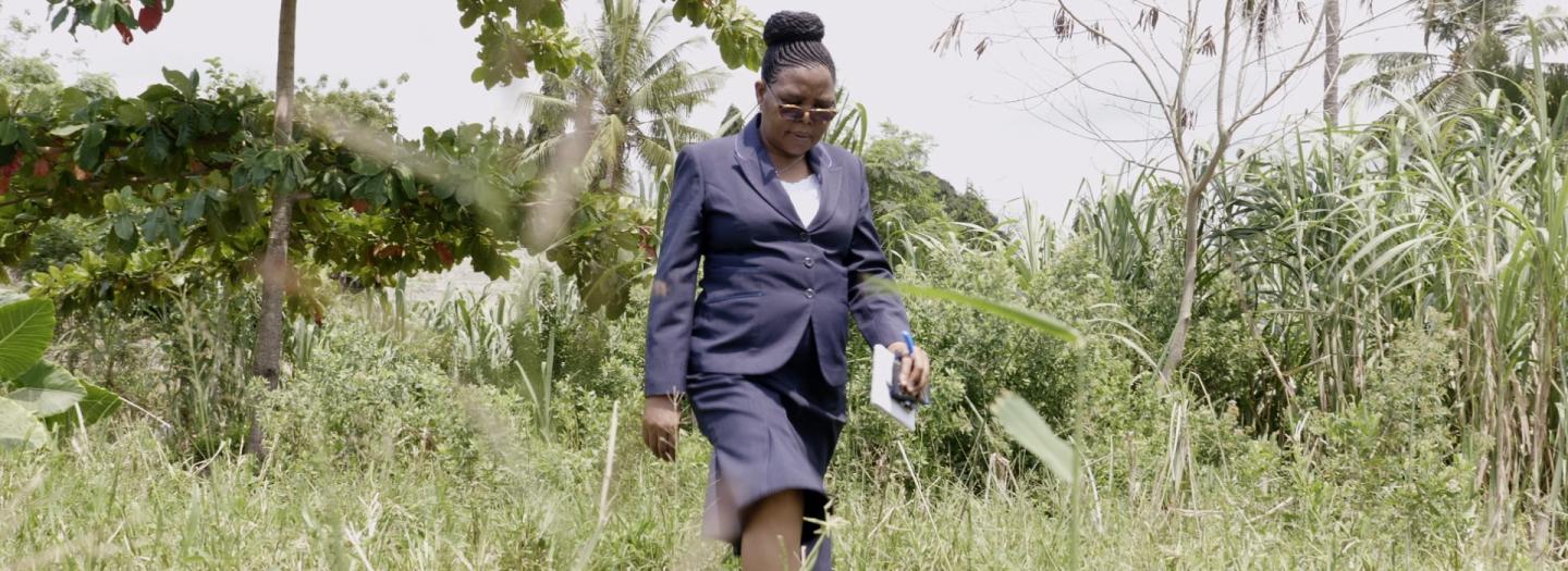 Eine Frau in einem marineblauen Kostüm läuft mit Dokumenten in der Hand durch ein saftig grünes Feld.