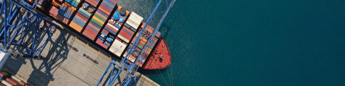 Bird's-eye view of a container ship moored in a container port.