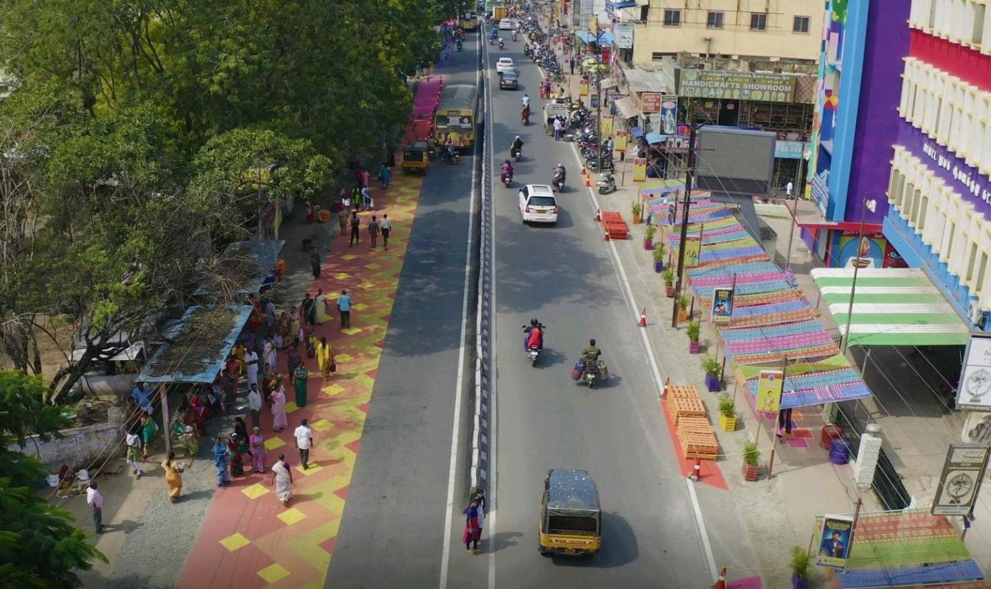 Taktische Stadtplanung: Erprobung einer fahrrad- und fußgängerfreundlichen Umgestaltung der Infrastruktur in Coimbatore.