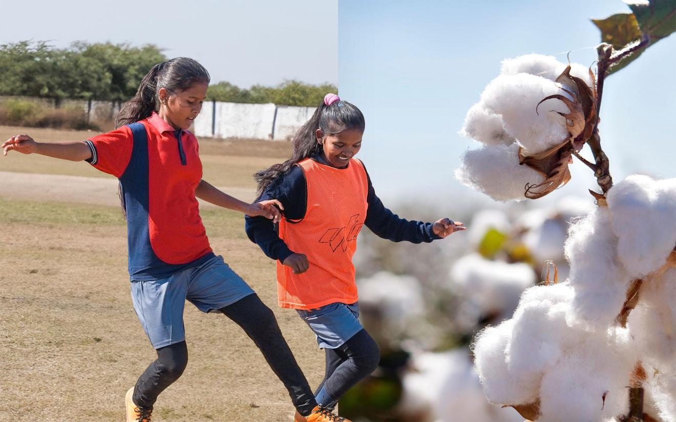 Photomontage of two girls playing football and a cotton plant