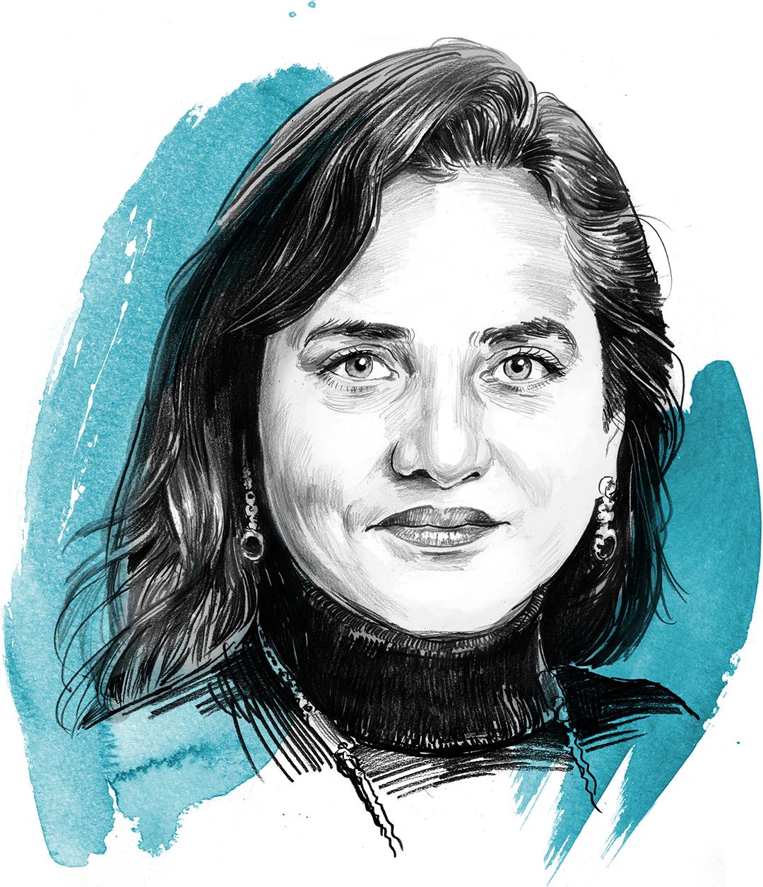 Anila Noor in a cartoon style with a blue background