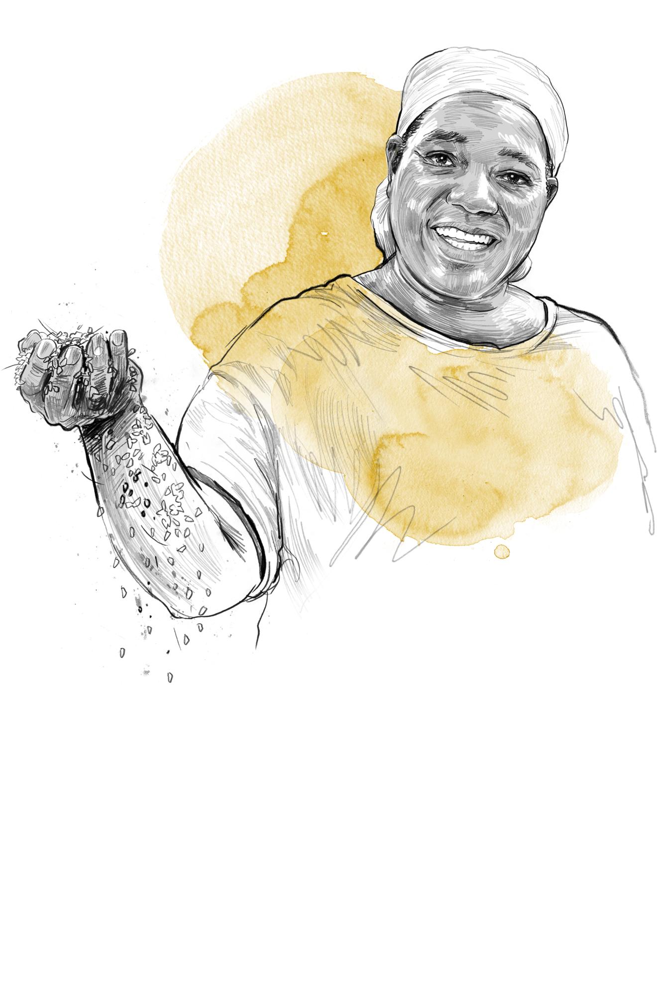 In the drawn style, a woman with a cloth on her head holds up a handful of rice.