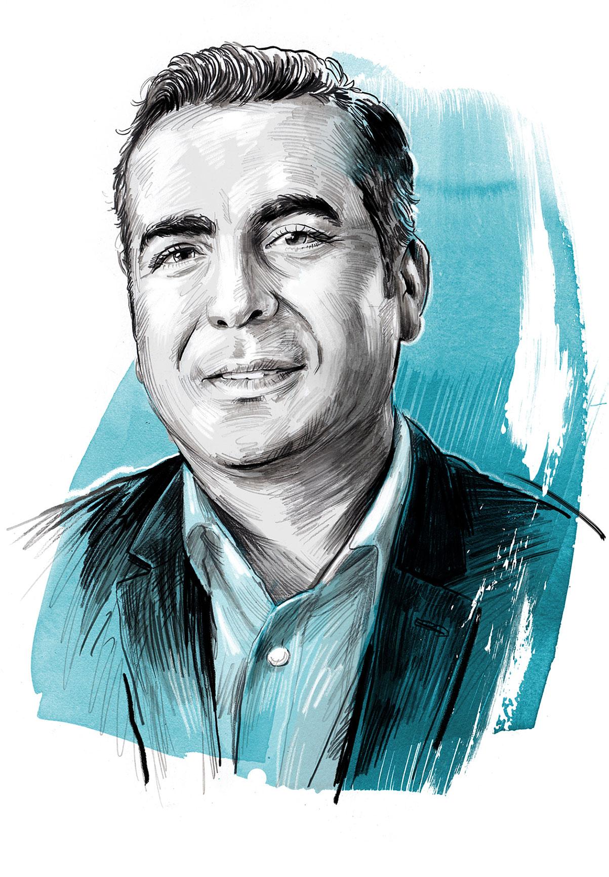 Portrait of a man in a sketchy style with blue accents