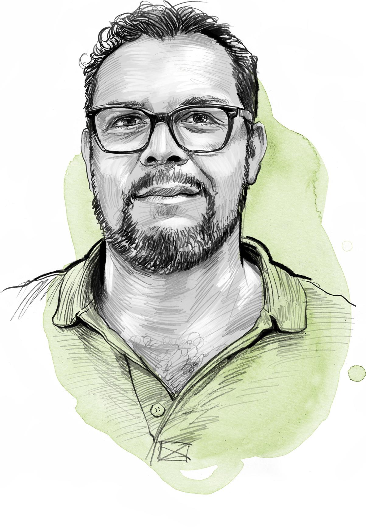 Portrait of a man in a sketchy style with green accents