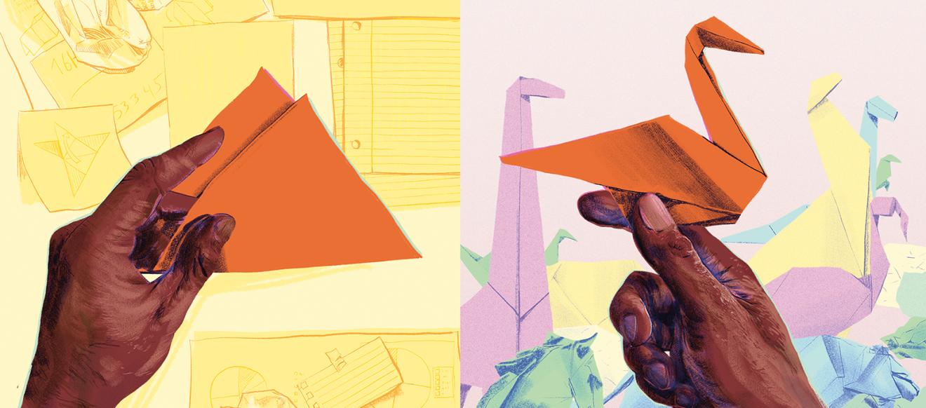 Eine Illustration von Händen, die eine Hand hält ein Blatt Papier, die andere ein aus Papier gefalteten Schwan