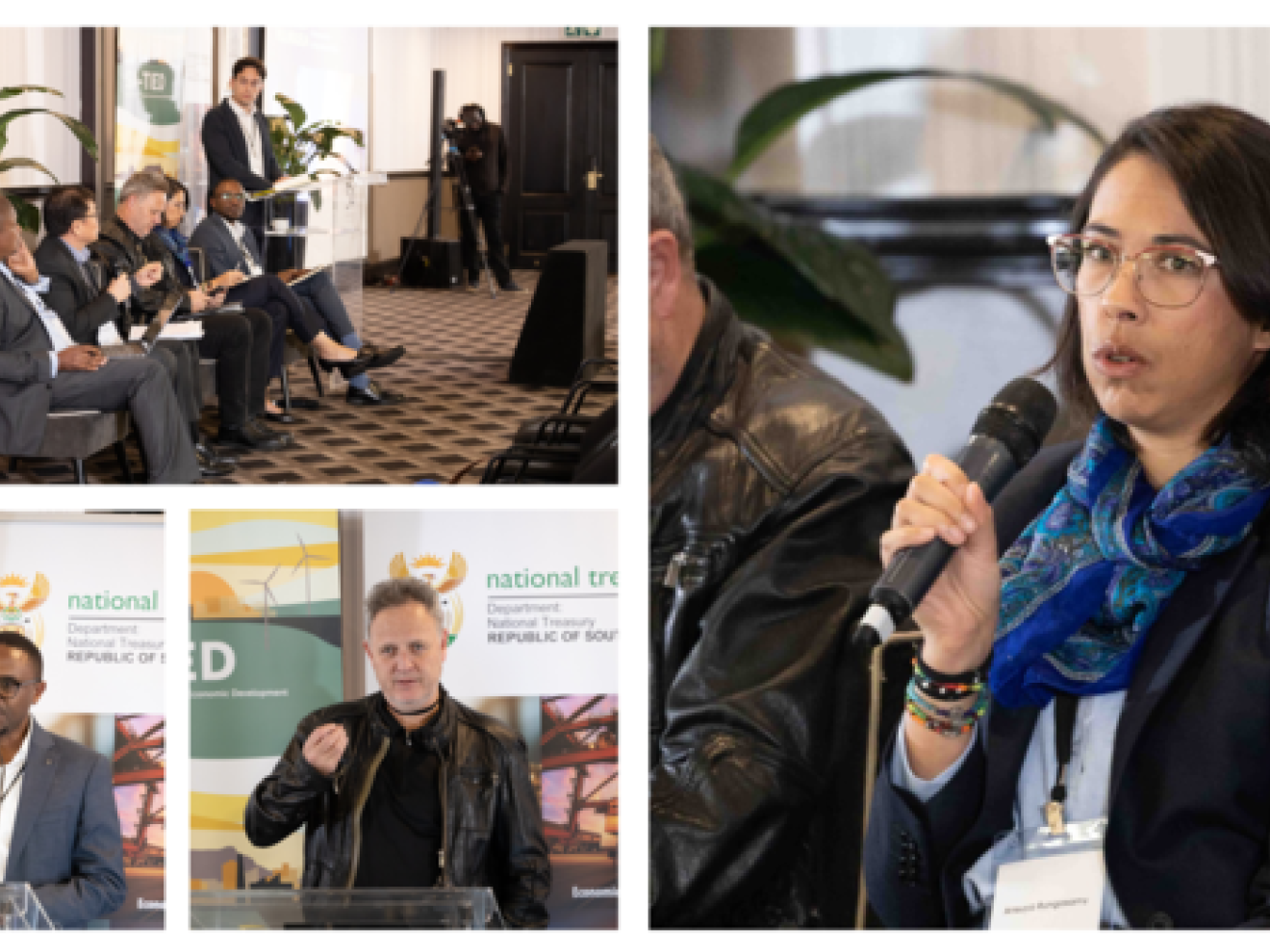 Four pictures of people speaking