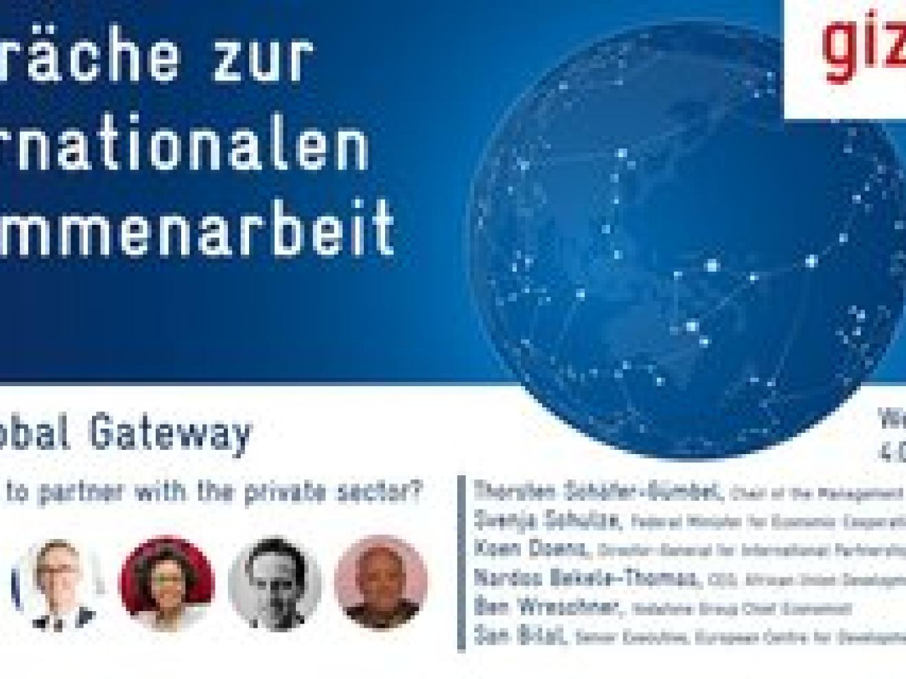 Blau weißer Hintergrund mit der Beschriftung "Gespräche zur Internationalen Zusammenarbeit"