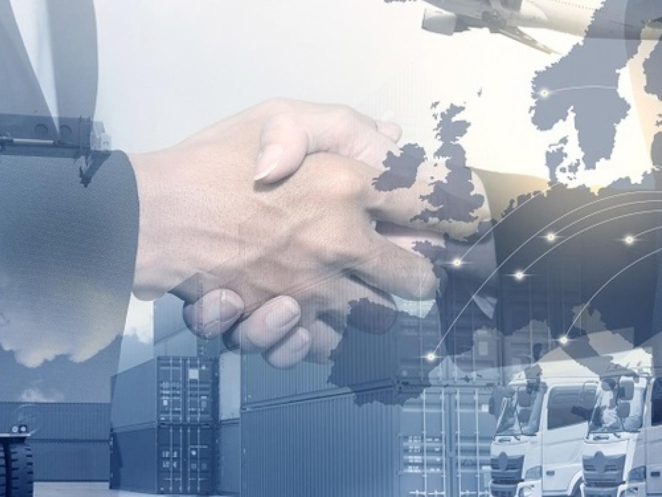 Multiple layered image with containers, loading crane with a Ukrainian flag in the shape of the country's outline, two hands shaking and trucks