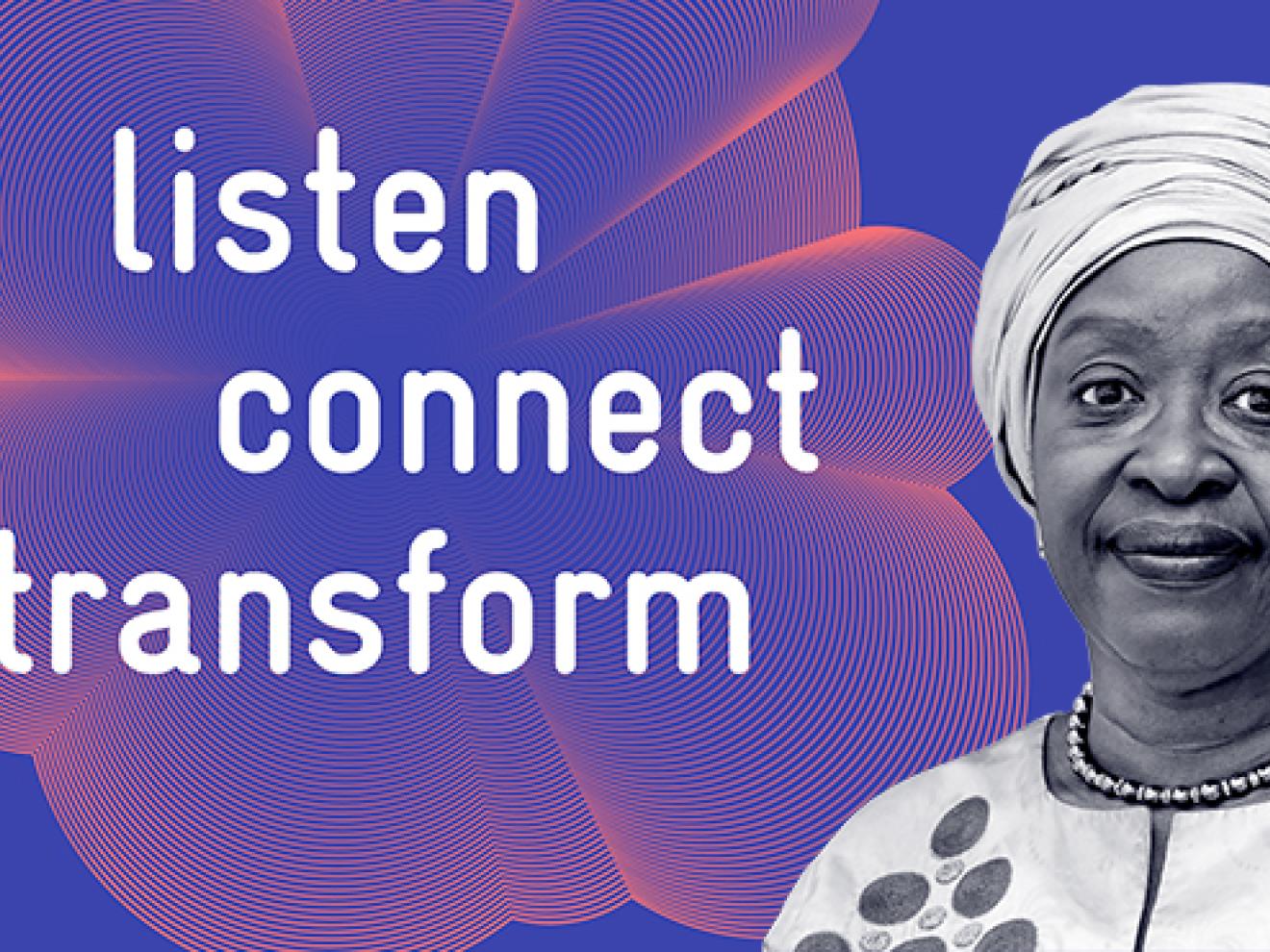 Photo of a woman with her hair in a headscarf in front of the title page of the GIZ Integrated Company Report 2023 with the slogan ‘Listen, connect, transform’.