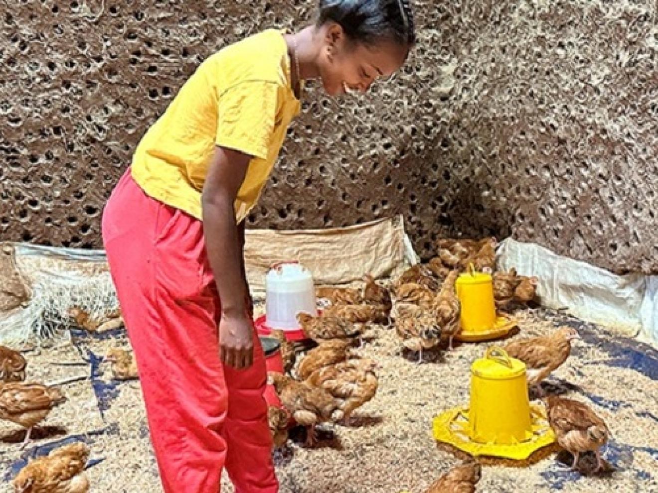 A woman surrounded by lots of brown hens in a chicken coop.