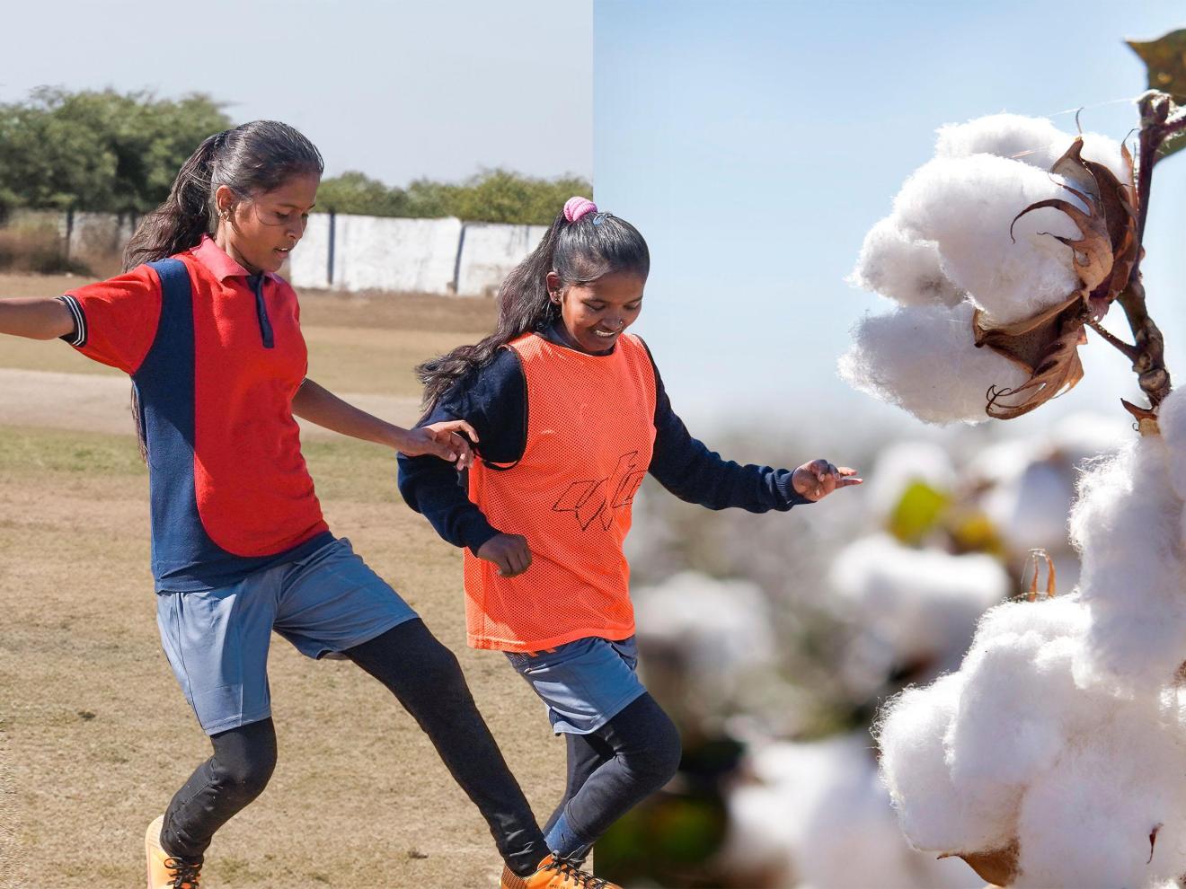 Photomontage of two girls playing football and a cotton plant